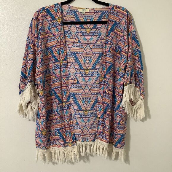 Kori America Sweaters - Kori Colorful Geometric Boho Hippie Festival Fringe Open Cardigan Kimono M/L